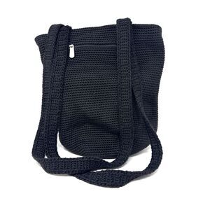 The Sak Crochet Hobo Bucket Bag Black Double Shoulder Strap Boho Euro Summer